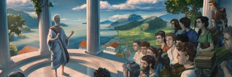 A painted mural: a toga-clad philosopher welcomes backpackers between marble columns above the Sounds